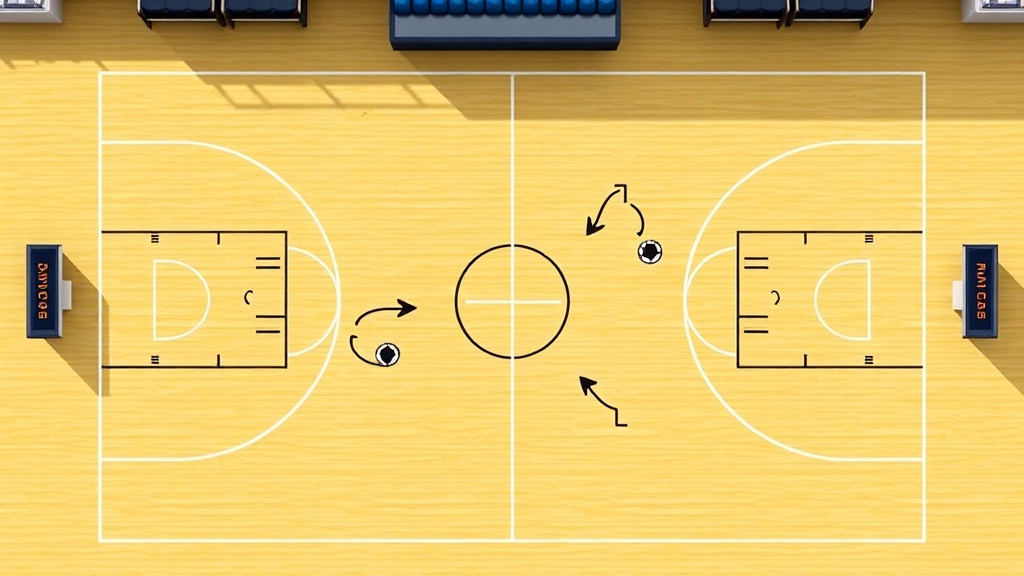 하프코트 공격 시 선수 배치와 볼 무브먼트 패턴을 나타낸 다이어그램